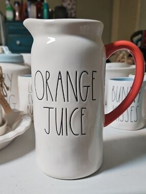 Rae Dunn , white Ceramic 'Orange Juice' Pitcher with Orange Handle